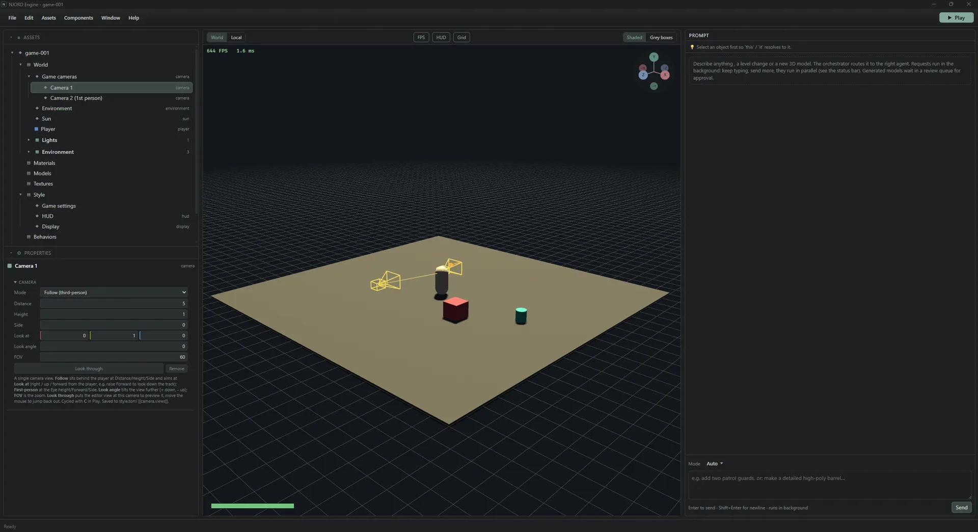 The NJORD Engine editor: scene tree, properties, a grey-box level in the viewport and a prompt panel.
